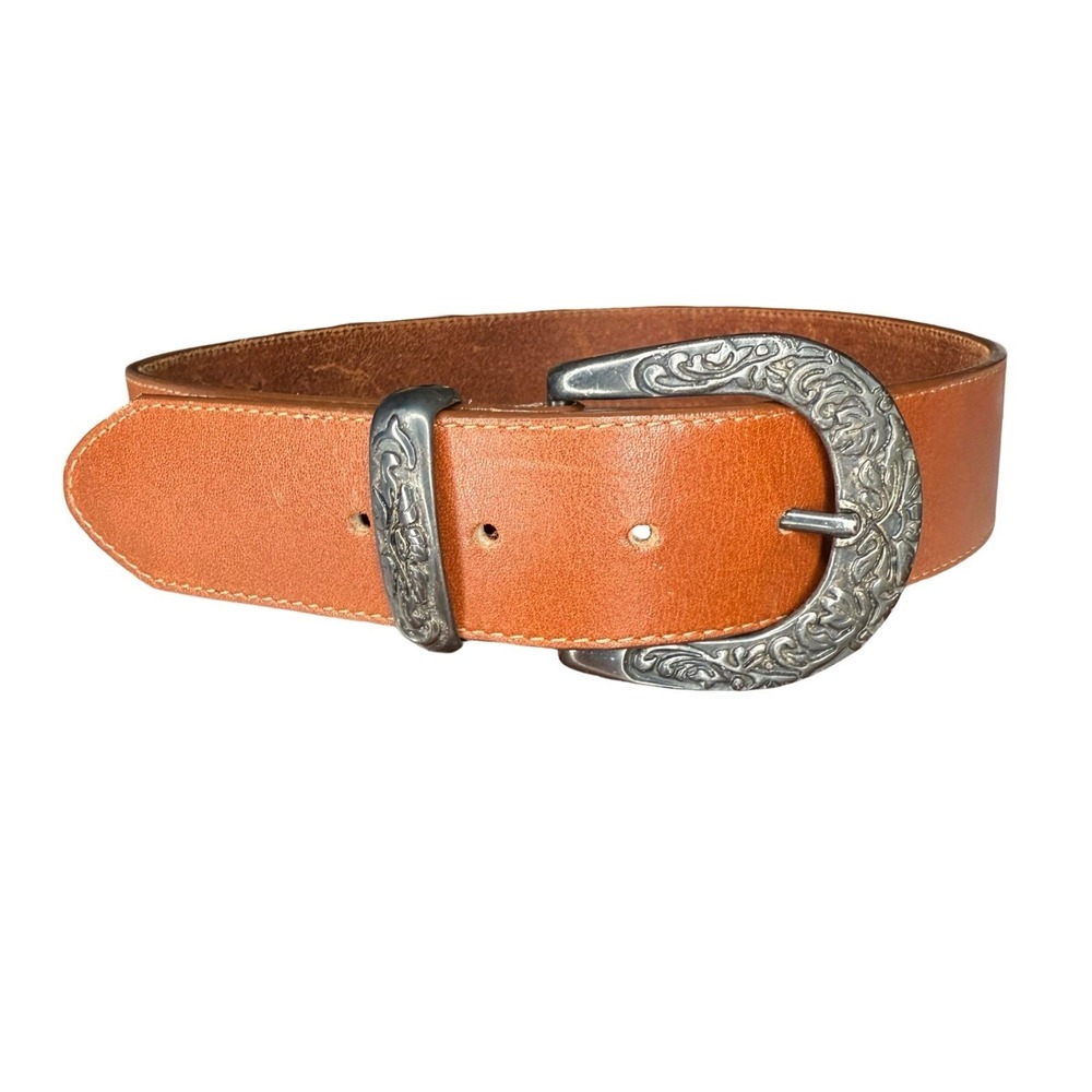Vintage L.L. Bean Brown Leather Belt Ornate Silver Buckle Western USA 26-30"
